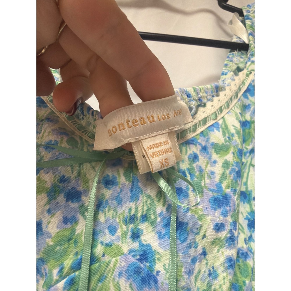 Monteau Los Angeles Blue Green Floral Puff Sleeve Midi Dress Cottagecore XS - Picture 2 of 3